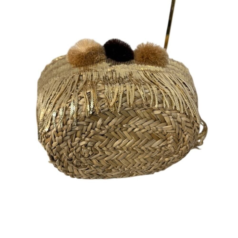 Molly Bracken Woven Rattan w/ Gold Sequin Fringe Bag Beach Large 20" - Picture 6 of 6